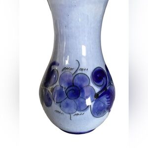 TONALA Style Mexican Pottery Vase Blue Bird Floral Folk Art 7” Mexico Signed